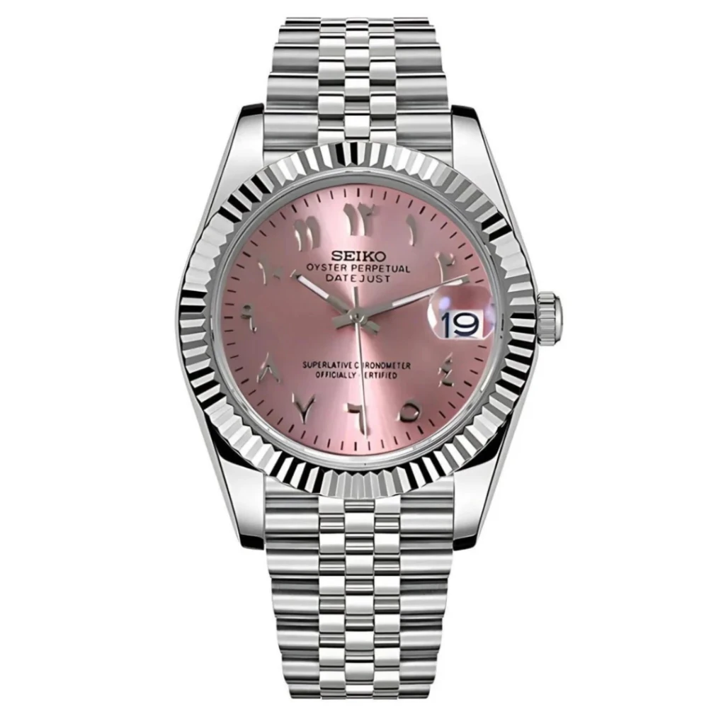 Seiko watch with pink dial and silver metal bracelet on a white background