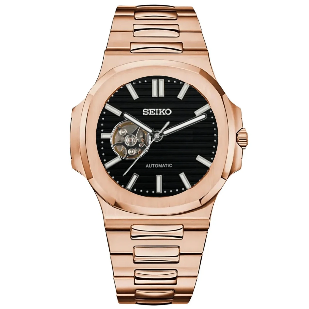 Seiko Mod Nautilus (Open Heart) Rose Gold Black Dial - Fairwood Watch Co.