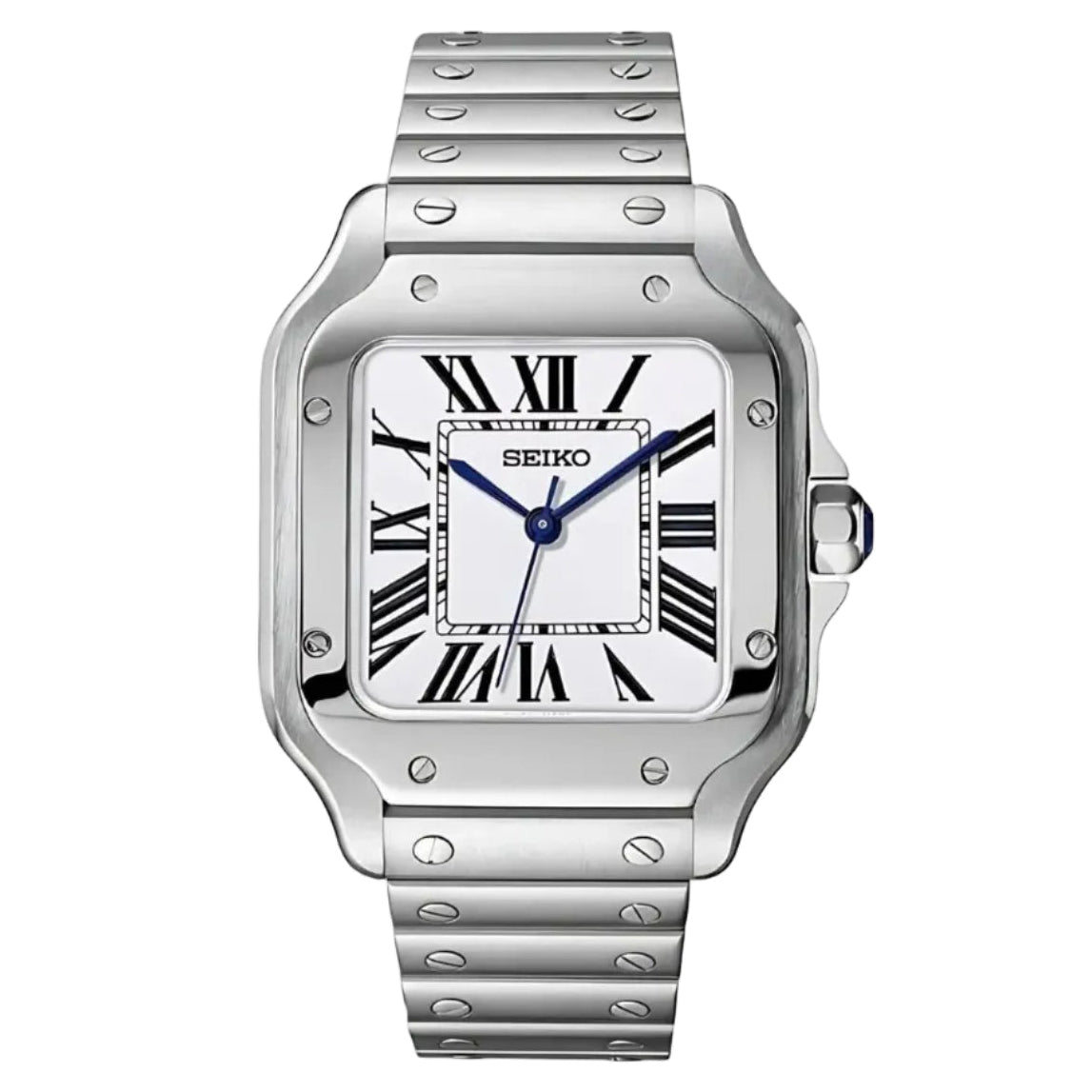 Silver Seiko watch with a white face and blue hands on a white background