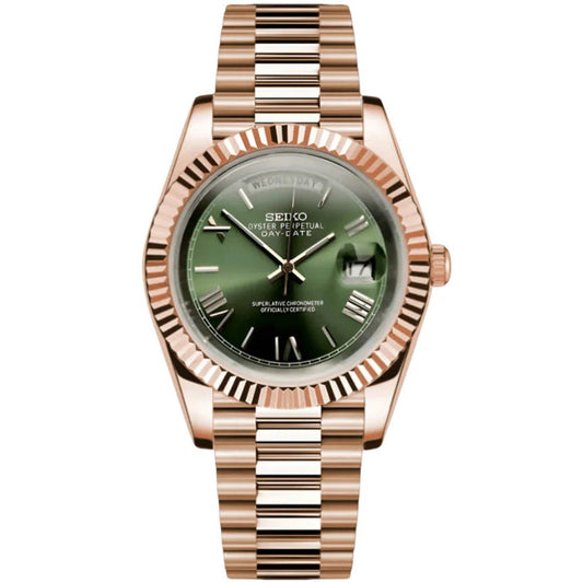 Seiko Mod Day - Date Mint Green Rose Gold Roman - Fairwood Watch Co.