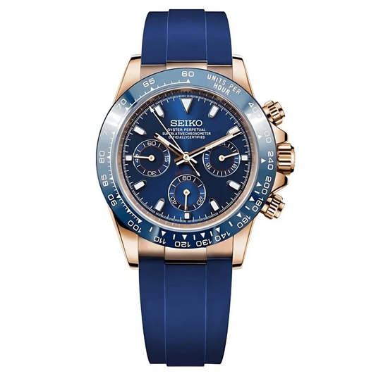 Seiko Mod Daytona Rose Gold Blue - Silicone - Fairwood Watch Co.