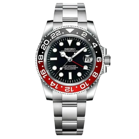 Seiko watch with black face, red bezel, and silver metal strap on a white background