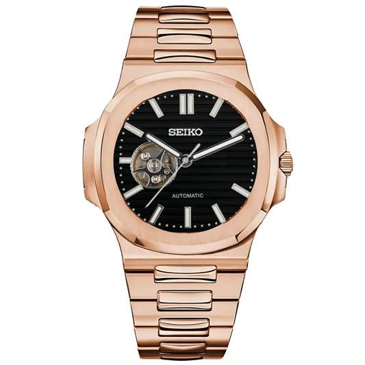 Seiko Mod Nautilus (Open Heart) Rose Gold Black Dial - Fairwood Watch Co.